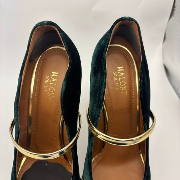 Malone Souliers Green Velvet Heels Gold Bands Pointed Toe Stiletttos 38.5 8-8.5 - Picture 4 of 7